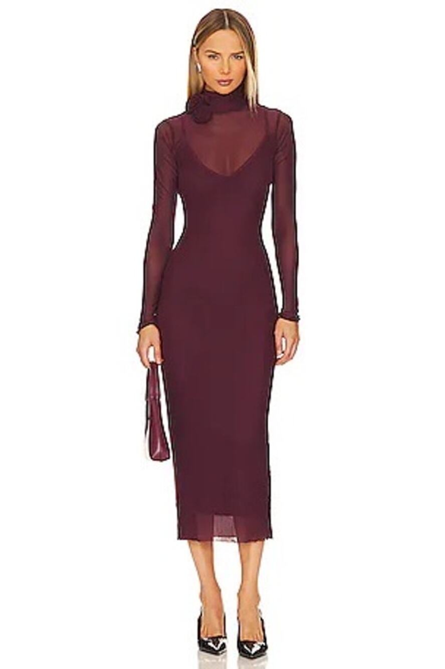 AFRM Revolve Shailene Fig Burgundy Mesh Long Sleeve Rosette Turtleneck Dress XS